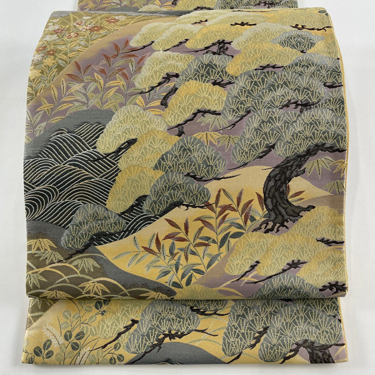 袋帯 美品 秀品 落款あり 紹巴 丸文 草花 金糸 箔 灰緑 六通 袋帯 美品 秀品 落款あり 紹巴 丸文 草花 金糸 箔 灰緑 六通