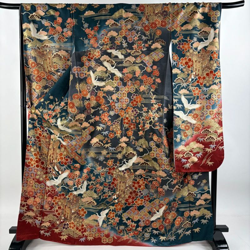 振袖フルセット 身丈165.5裄68.5 豪華振袖 金彩 熨斗花蝶文 逸品 名品 振袖 身丈167cm 裄丈68cm L 袷 袋帯フルセット 花鳥 御所車 金糸