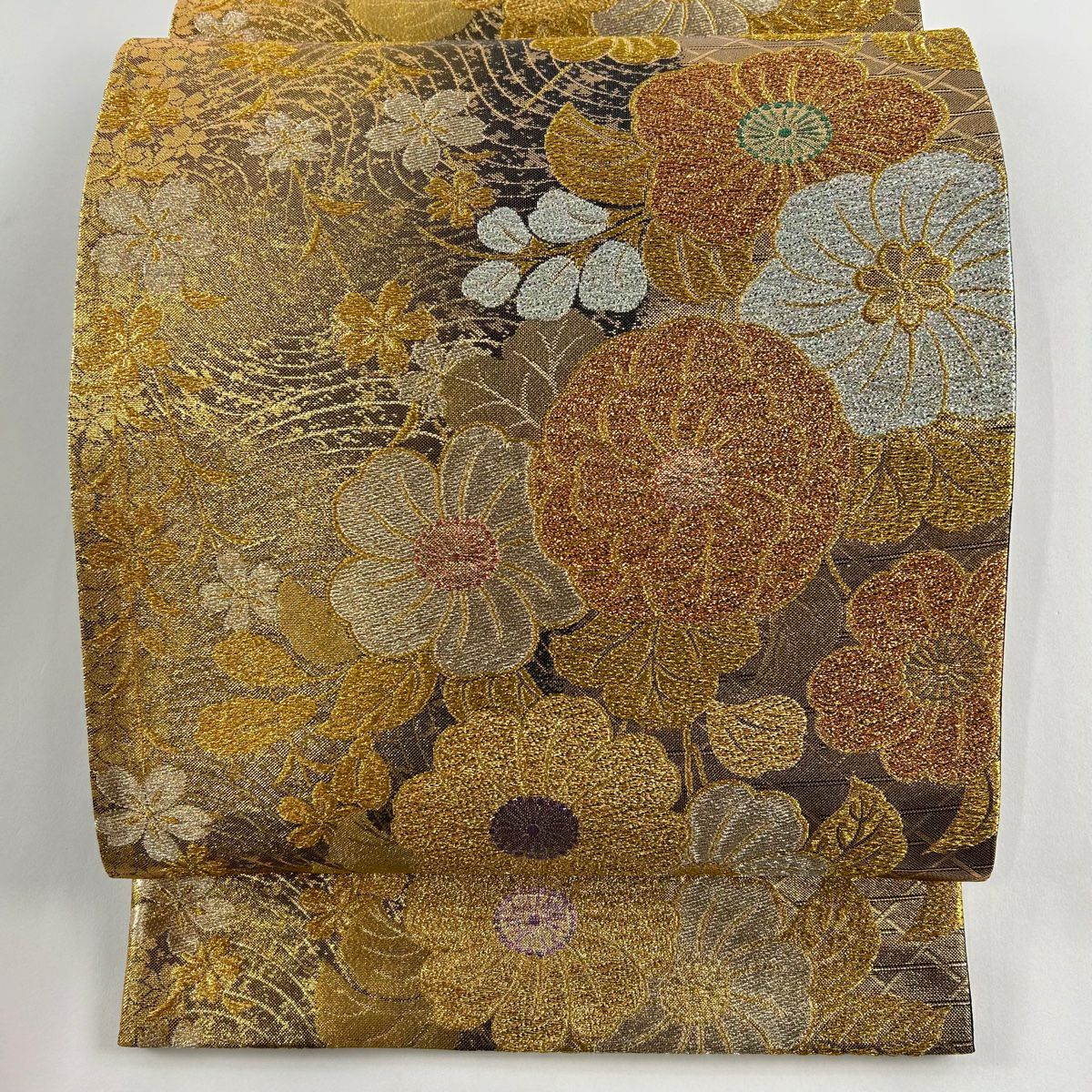 袋帯 美品 秀品 冊子文 鴛鴦 金糸 箔 銀色 六通 正絹|中古・古着