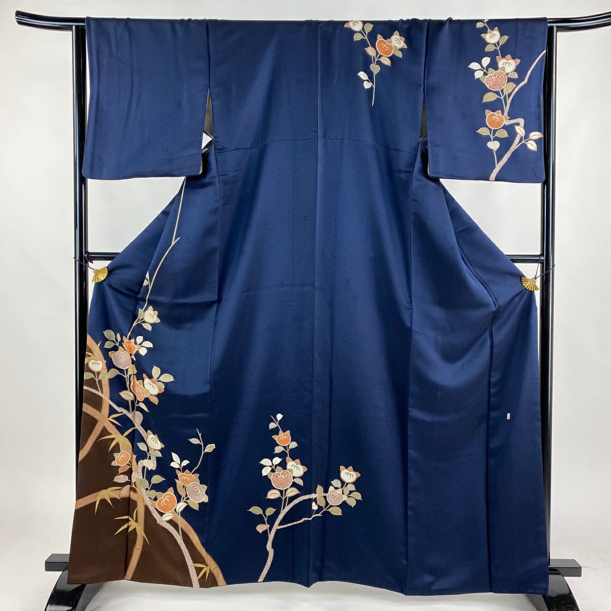 未着用 袋帯 全通 梅 竹 蛇籠 菊 橘 桜 黒地 ゴールド 着物 033a d
