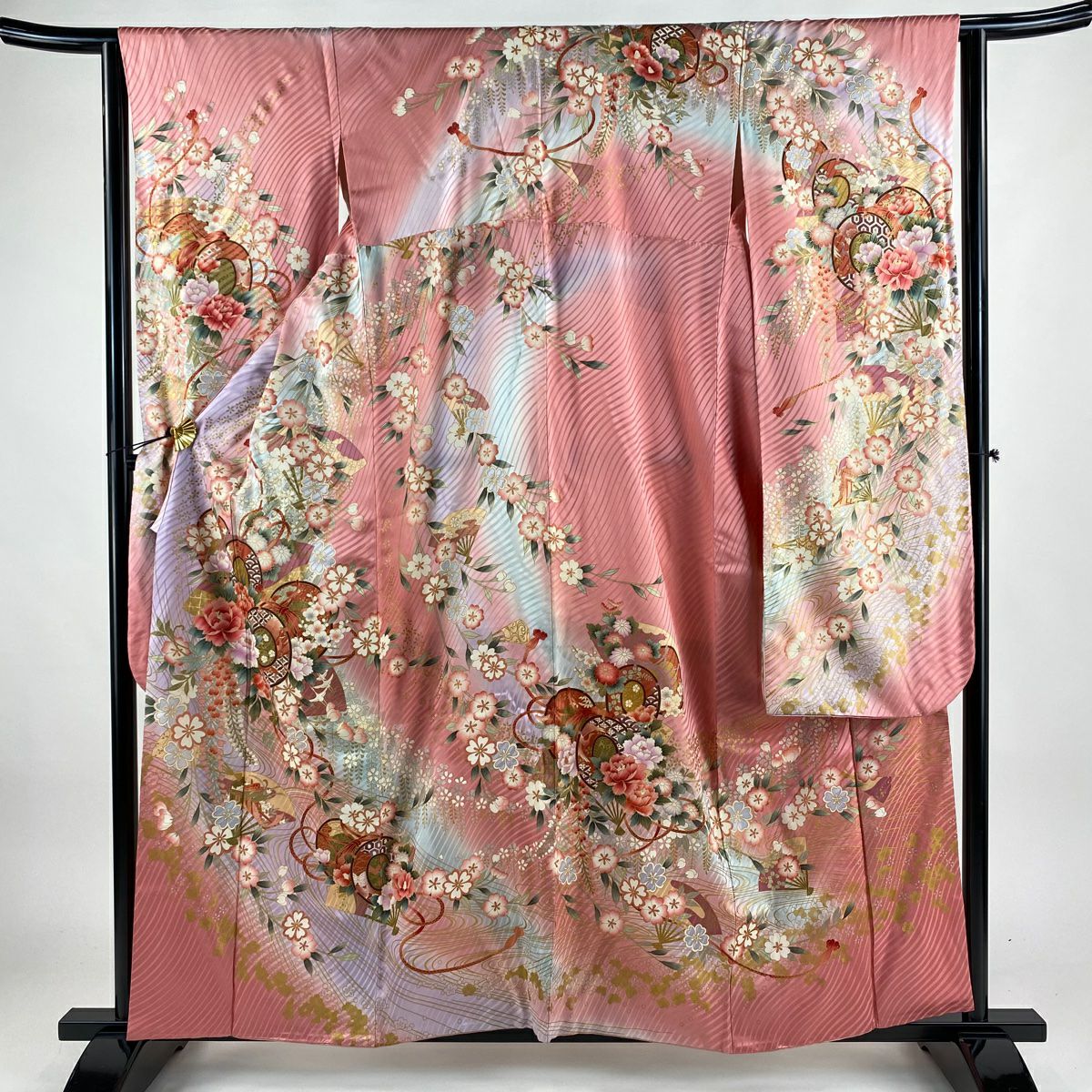 振袖 秀品 袋帯フルセット 草花 蝶 金糸 金銀彩 オレンジ 袷