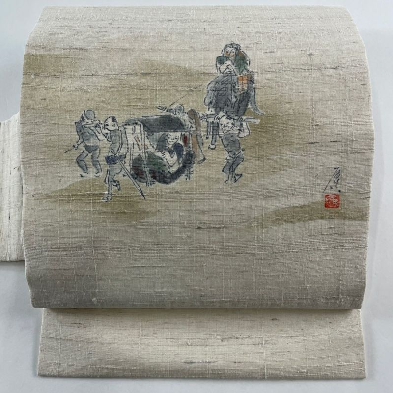 美品！紗紬＊手描き＊墨絵風＊ベージュ＊長尺＊夏物＊なごや仕立帯＊３６８ｃｍ 美品！紗紬＊手描き＊墨絵風＊ベージュ＊長尺＊夏物＊なごや仕立
