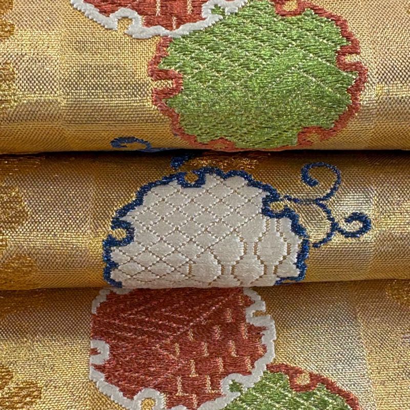 美品】 袋帯 逸品 雪輪 松梅 金糸 ラメ糸 金色 六通 正絹｜中古・古着