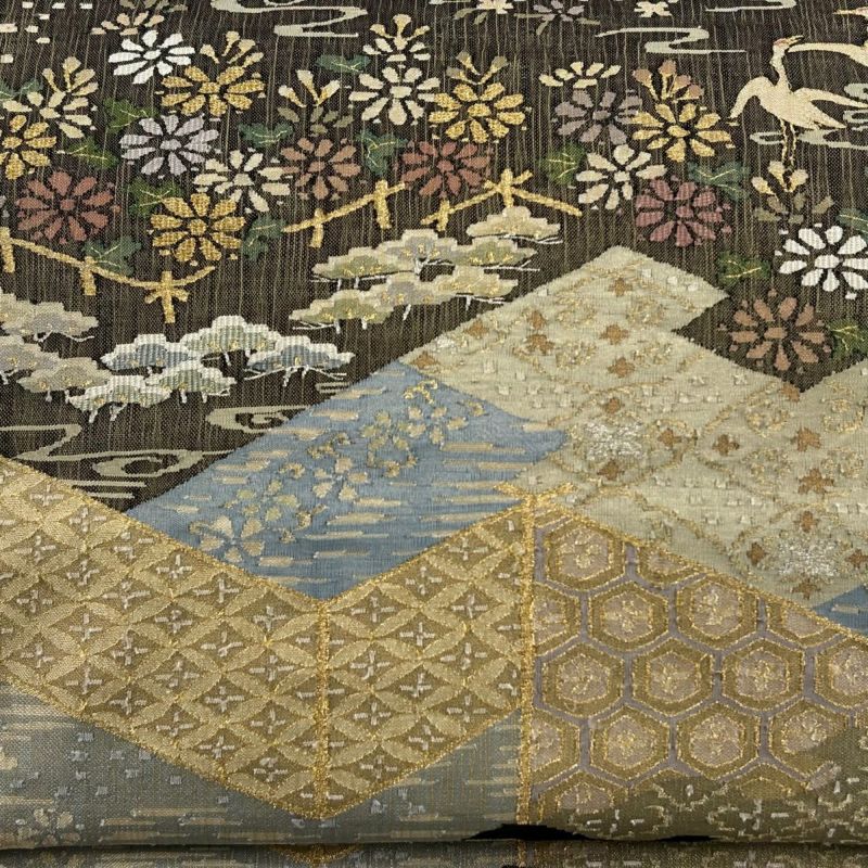 美品】 袋帯 逸品 鶴 松 金銀糸 綴れ 黒 お太鼓柄 正絹｜中古・古着