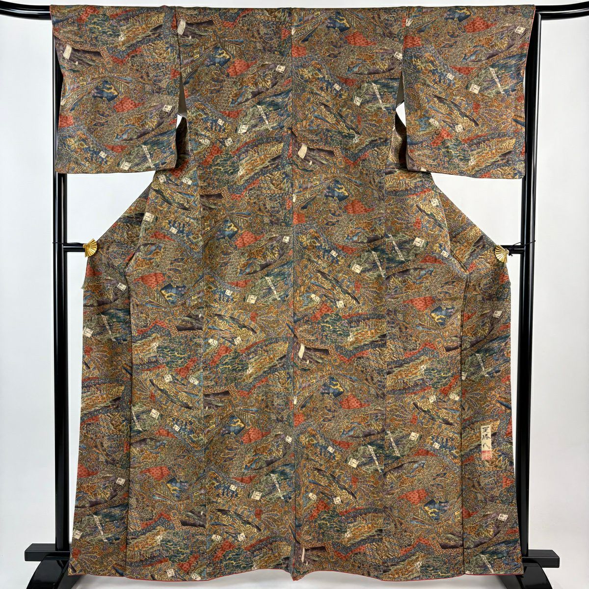 美品】 小紋 身丈164.5cm 裄丈66cm M 袷 更勝 落款あり 草花 雪輪 縮緬