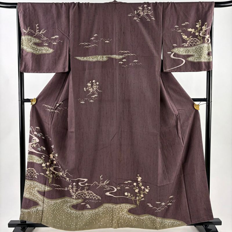 訪問着 身丈160cm 裄丈67.5cm L 袷 紬地 菊 流水 金彩 紫 正絹 名品 訪問着 身丈160cm 裄丈67.5cm L 袷 紬地 菊 流水 金彩 紫 正絹 名品