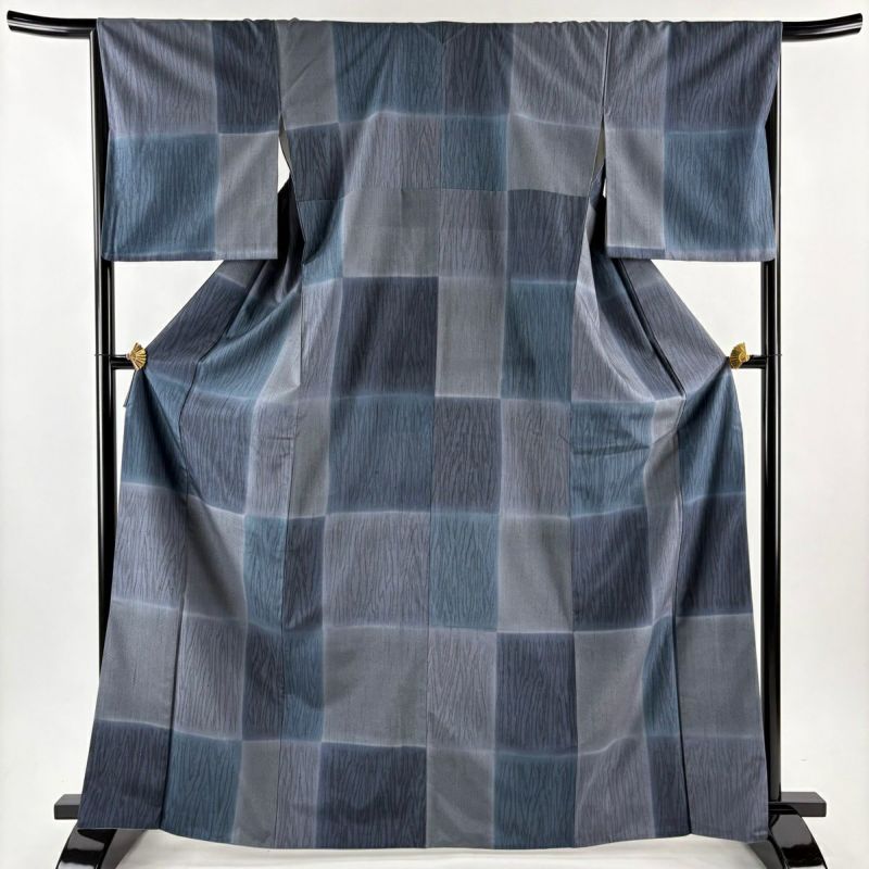 小紋 身丈167.5cm 裄丈66cm M 袷 紬地 格子 木目 ぼかし 青灰色 正絹