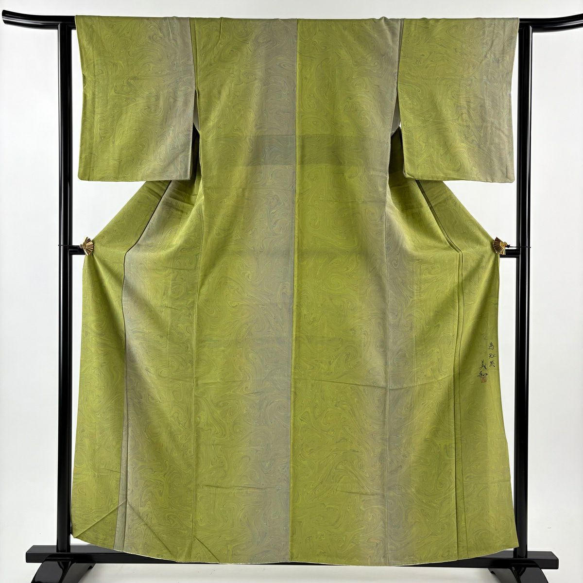 小紋 身丈159cm 裄丈62.5cm S 袷 落款 墨流し ぼかし よもぎ色 正絹