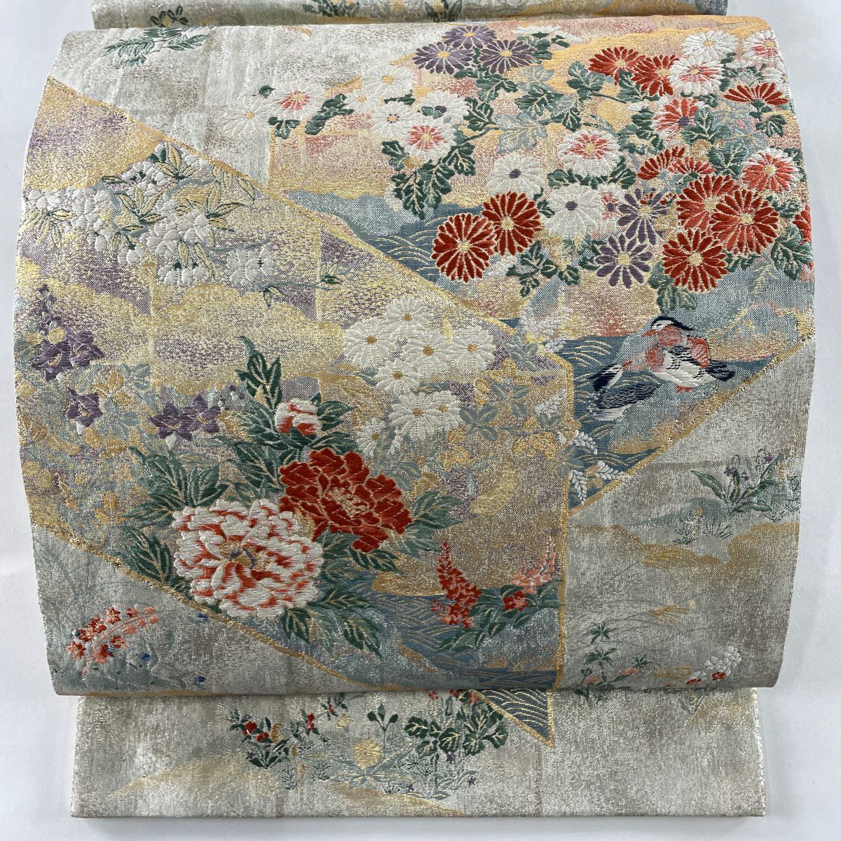 袋帯 秀品 草花 向かい鳥 唐織 金銀糸 金色 六通 正絹 【中古