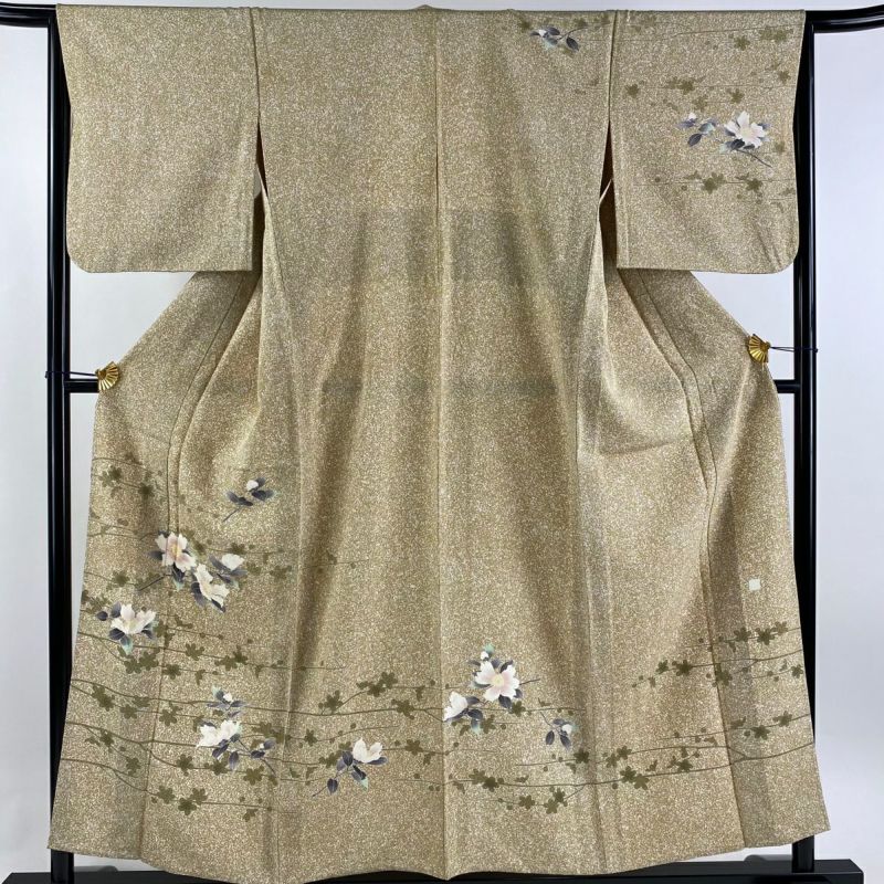 訪問着 身丈156cm 裄丈65cm M 単衣 椿 枝梅 茶緑色 正絹 美品 名品