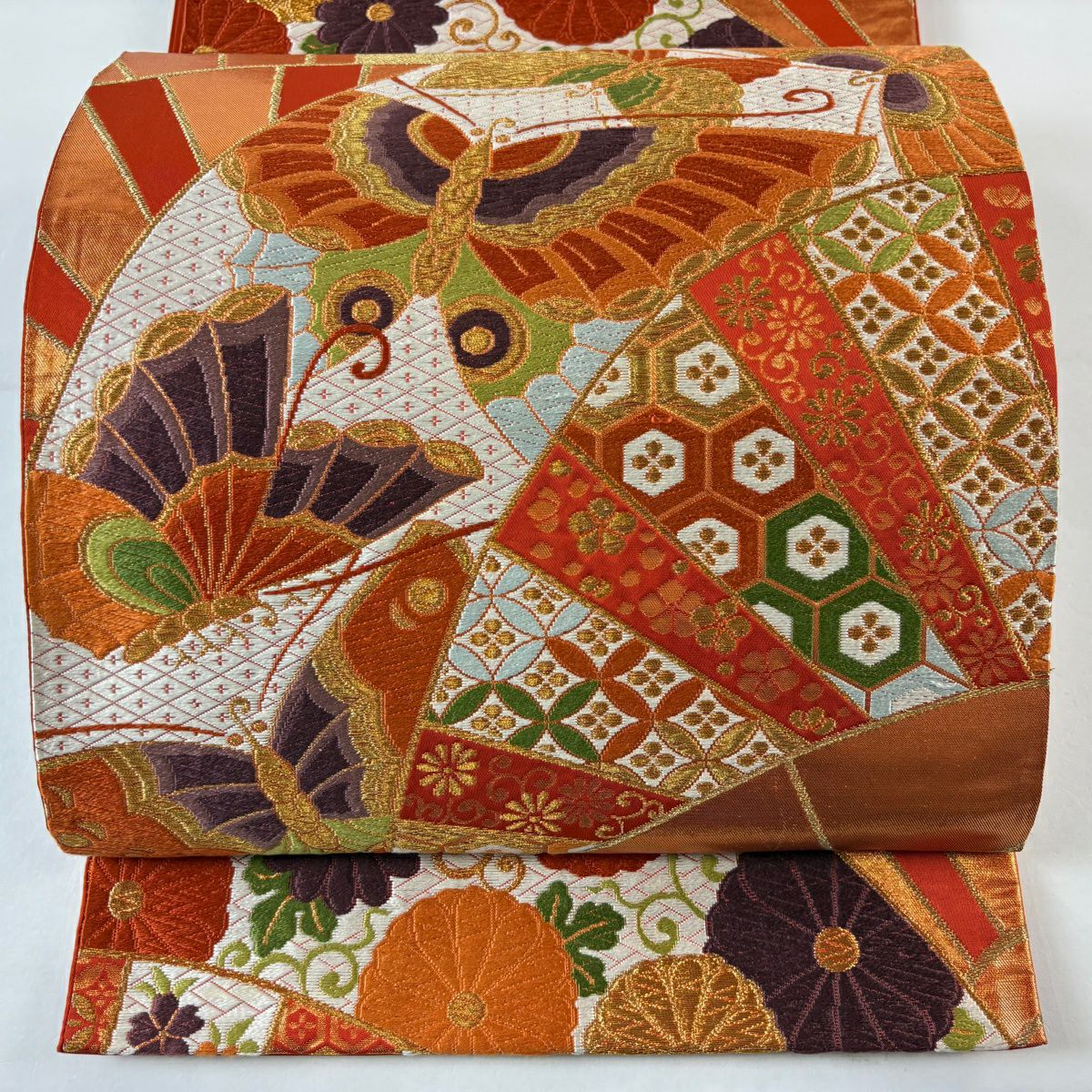 最終値下げ 高級袋帯 六通 西陣織 裂取錦秀文 オレンジ 箔 菊 桐 鳳凰 美品 美品】 袋帯 名品 河合美術織物 落款あり 菊唐草 蝶 箔 金糸 オレンジ