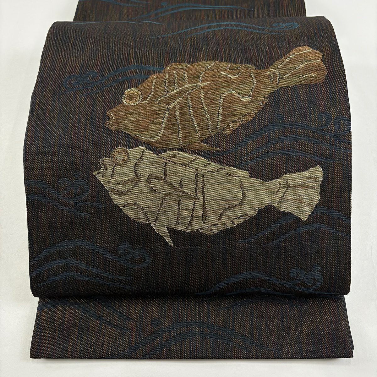 和】16250o 袋帯 オリジナル 切子織 太鼓柄 枝葉に金魚 ラメ糸 金駒 和