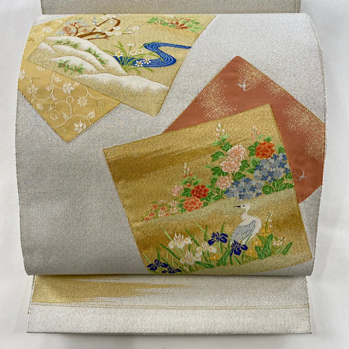 袋帯 美品 秀品 流水 霞 金銀糸 綴織 ベージュ 六通 正絹|中古