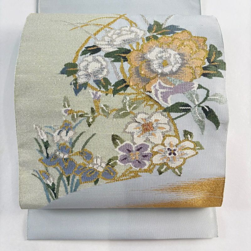福袋・半額ポスター - クリーニング屋さん専用の通 松葉仕立て 八寸名古屋帯 秀品 名古屋帯 草花 青灰色 金銀糸 霞 服＆ファッション小物