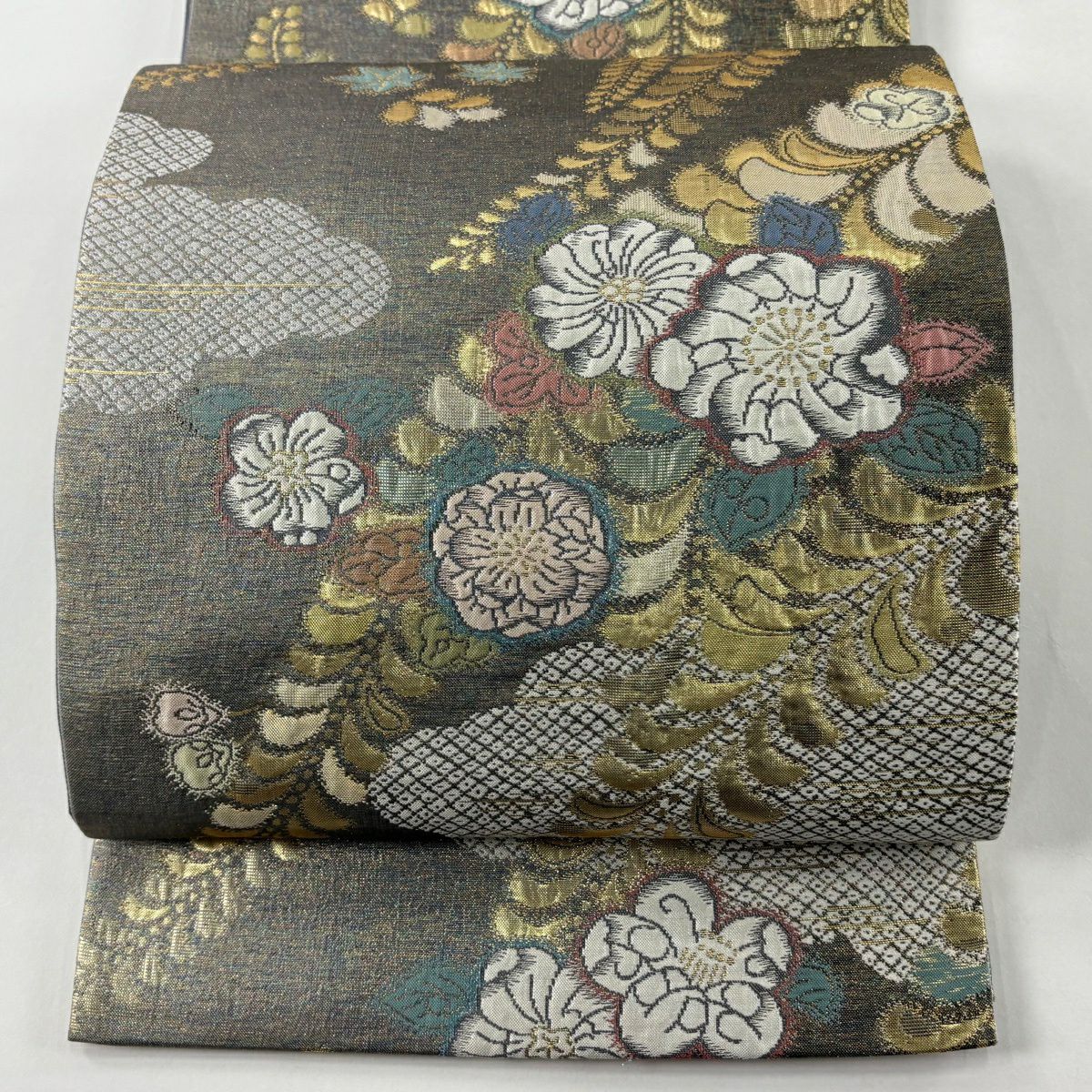 美品】 袋帯 秀品 幾何学 銀糸 灰紫 六通 正絹｜中古・古着