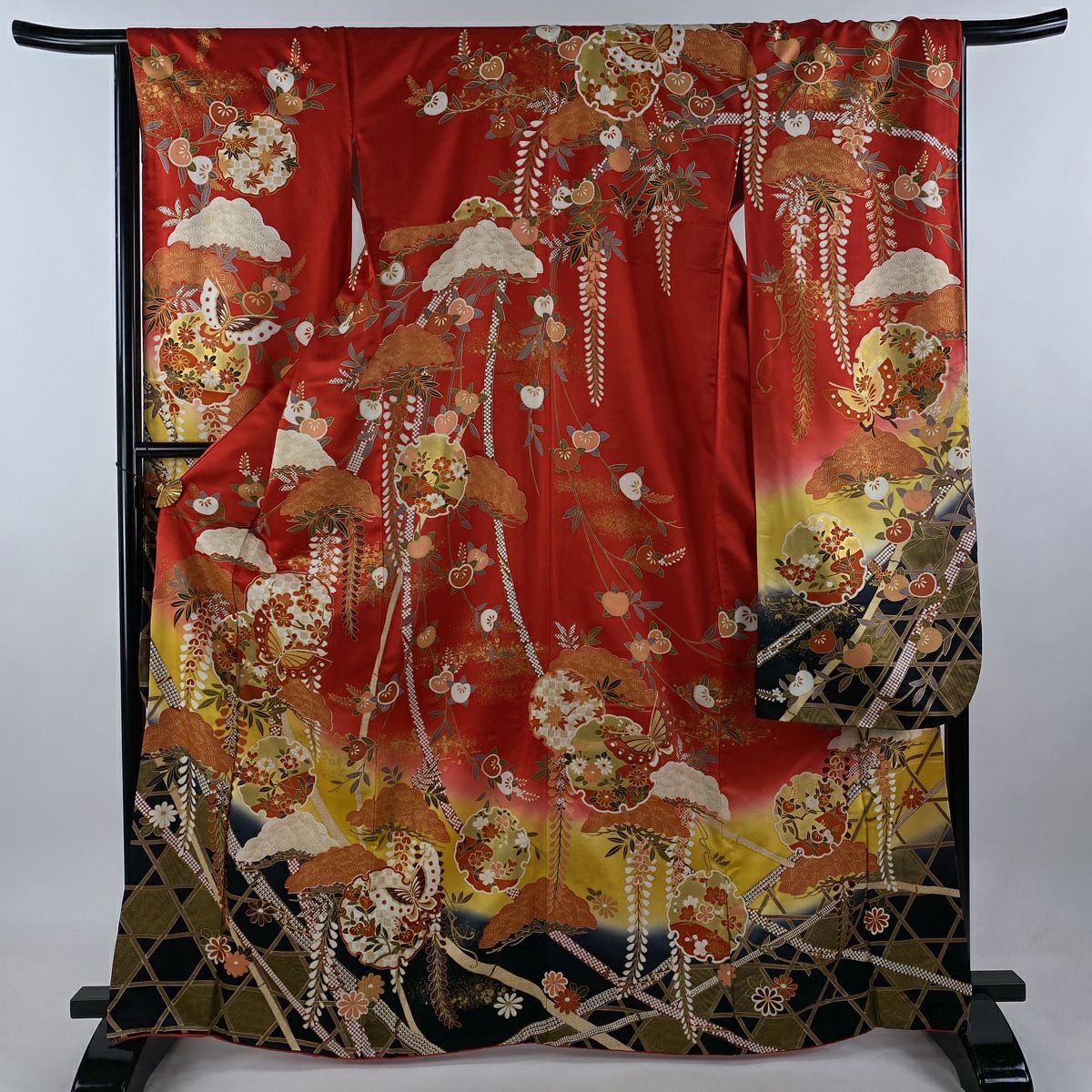 振袖 身丈163.5cm 裄丈65cm M 袷 松梅 草花 絞り 金彩 朱色 正絹 名品  