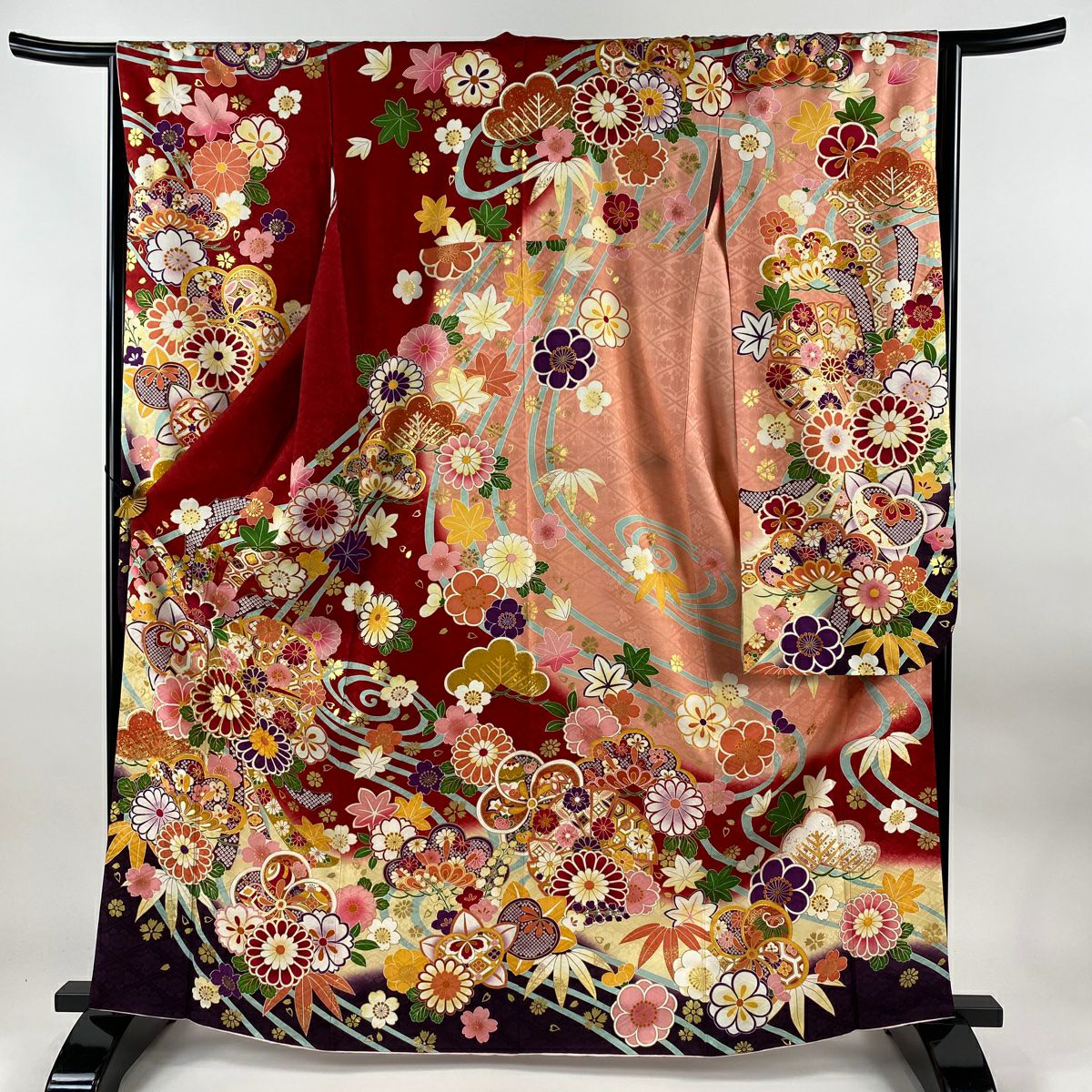 振袖 身丈162cm 裄丈64.5cm M 袷 菊 橘 金糸 金彩 赤 正絹 名品