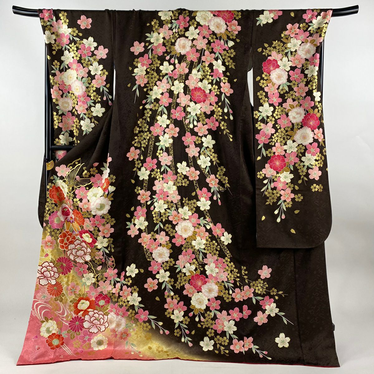 D385 振袖　蝶　金彩　花模様　正絹　着物　袷　極美品 華徒然×吉木千沙都 白/赤/紅白 牡丹柄/梅柄 片身替わり 華やか