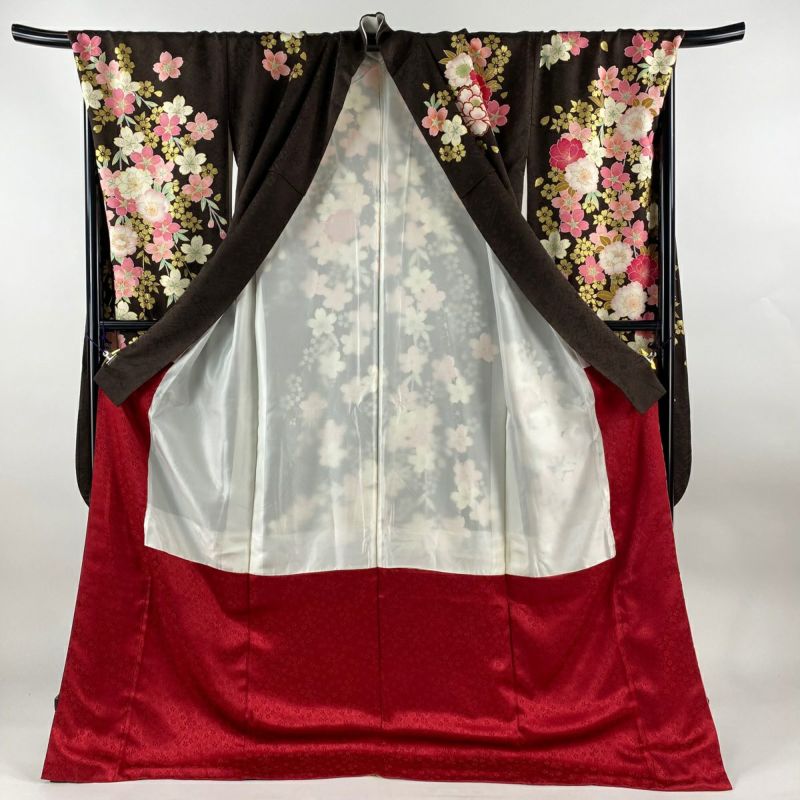 振袖 身丈176.5cm 裄丈72cm L 袷 蝶 草花 金彩 ぼかし 焦茶色
