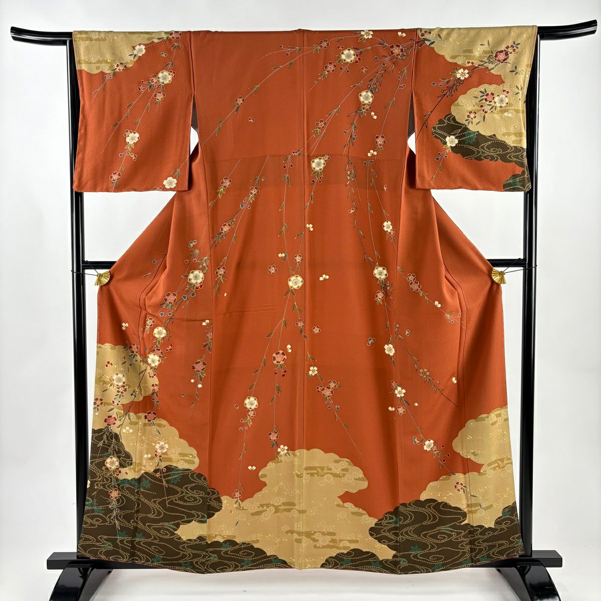 訪問着 身丈161cm 裄丈67cm M 袷 扇 枝垂れ桜 金糸 金彩 薄オレンジ