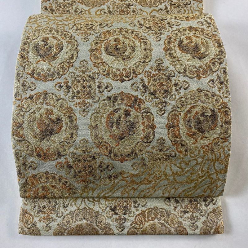 【メーカー再生品】 袋帯 美品 名品 華文 鳳凰 金糸 箔 薄緑 六通 正絹｜中古・古着 着物・浴衣