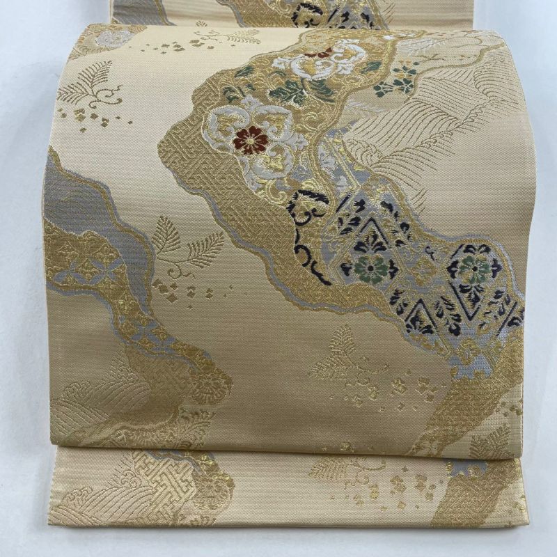 【楽天カード分割】 箔 金糸 菱 道長取り 名品 美品 袋帯 ベージュ 正絹｜中古 六通 手芸・画材