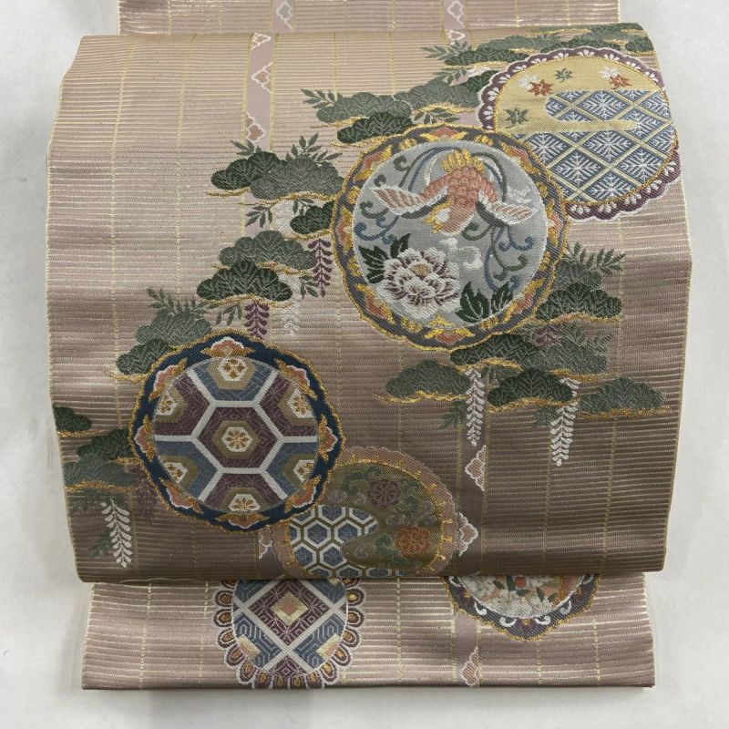 丸帯 美品 秀品 花鳥 松 金糸 箔 ピンクベージュ 六通 正絹｜中古 ...