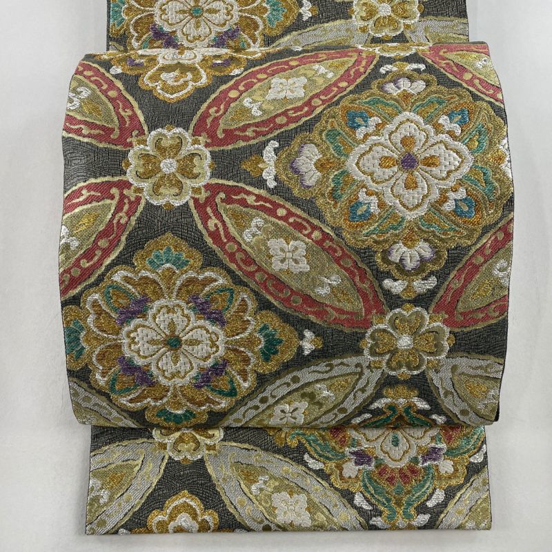 袋帯 美品 名品 七宝文 花菱 金銀糸 箔 黒灰 六通 正絹｜中古
