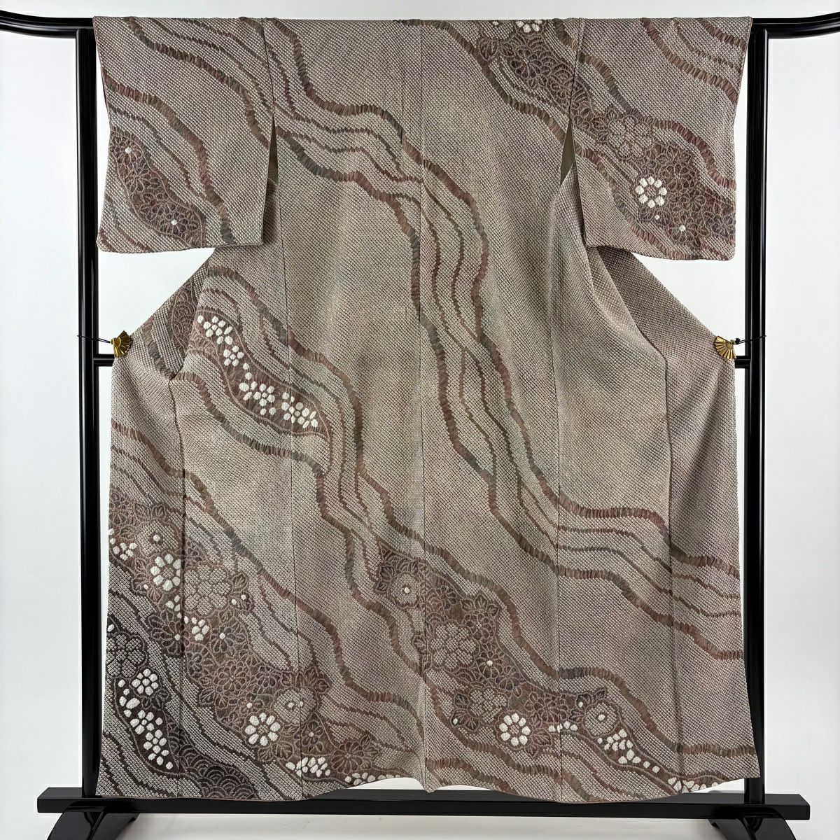 訪問着 身丈166.5cm 裄丈65cm M 袷 紬地 横縞 幾何学模様 小豆色 正絹