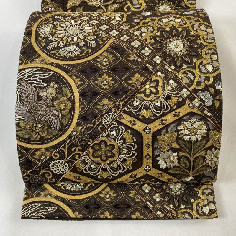 食品・日用品 半額ストア 花鳥 華文 逸品 美品 袋帯 刺繍 正絹｜中古 六通 焦茶色 金銀彩 服＆ファッション小物