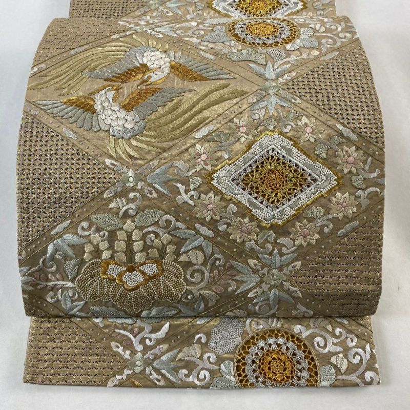 グランドセイコー セール レース 逸品 美品 袋帯 向かい鳥 正絹 六通 金色 刺繍 金銀糸 菱 手芸・画材