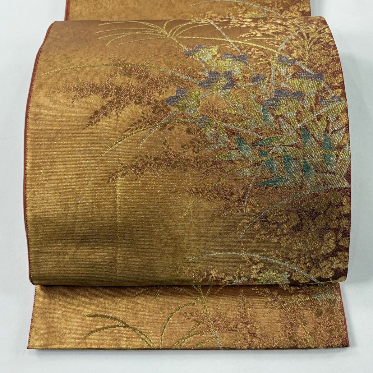 美品】 袋帯 名品 じゅらく 落款あり 扇面 花鳥 金糸 箔 金色 六通