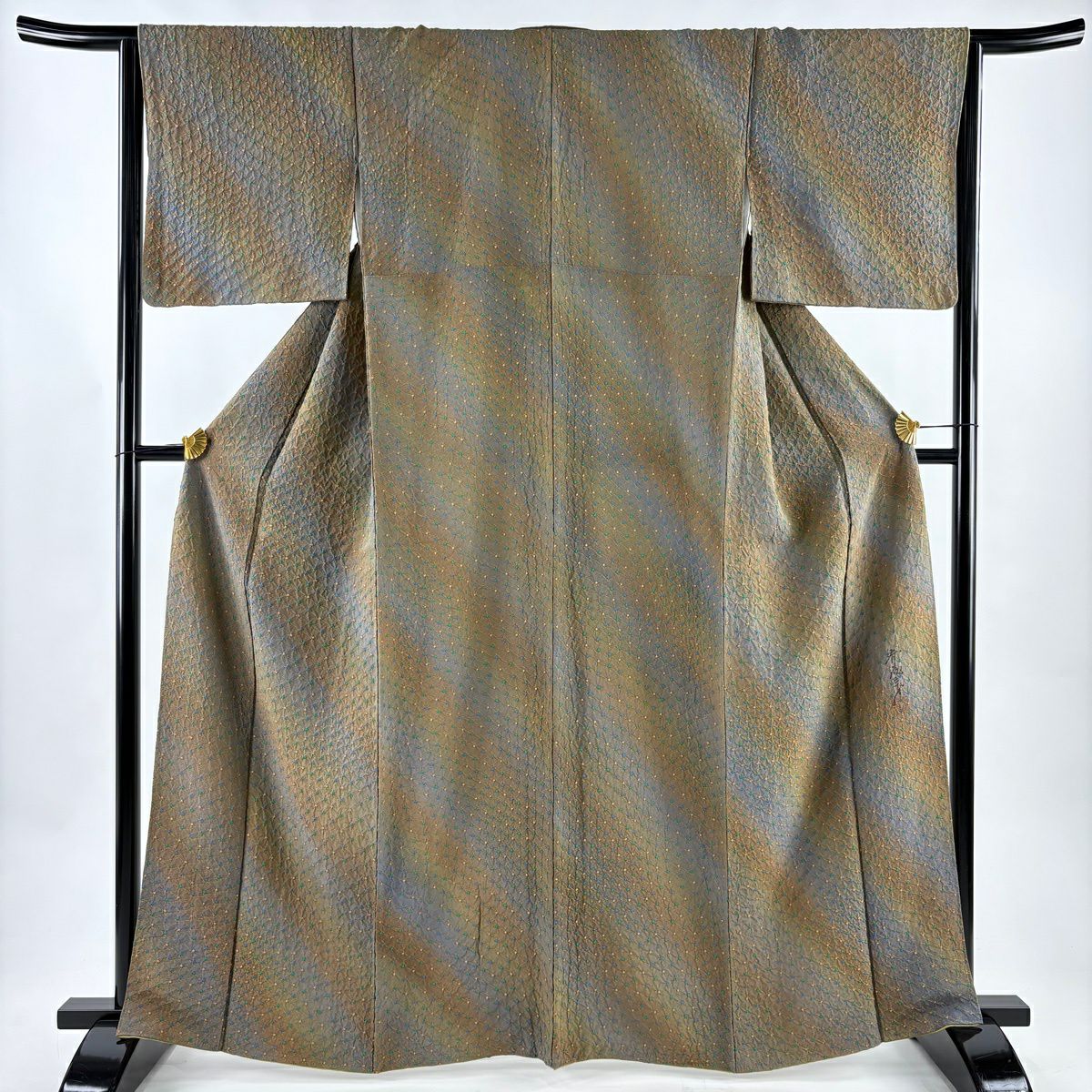 美品】 小紋 身丈154cm 裄丈64.5cm M 袷 斉藤三才 落款あり 小花 茶色