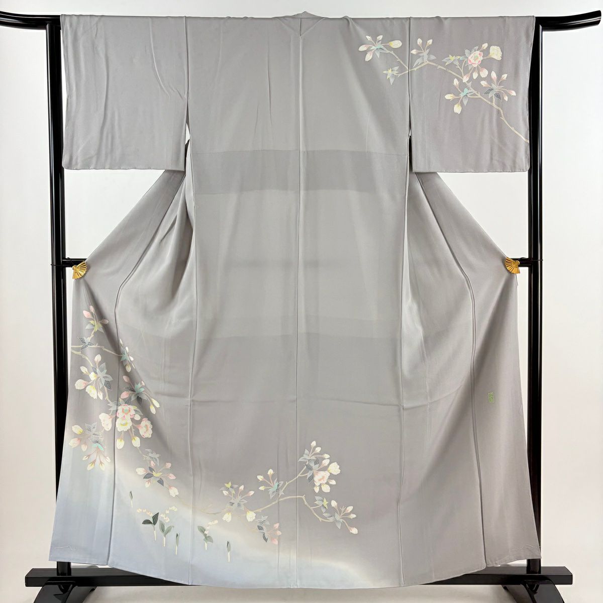 美品 訪問着 黒 枝花 金彩加工 身丈158cm 裄丈68cm お洒落 訪問着 身丈160cm 裄丈64.5cm M 袷 田中勲 加賀友禅 証紙あり 枝