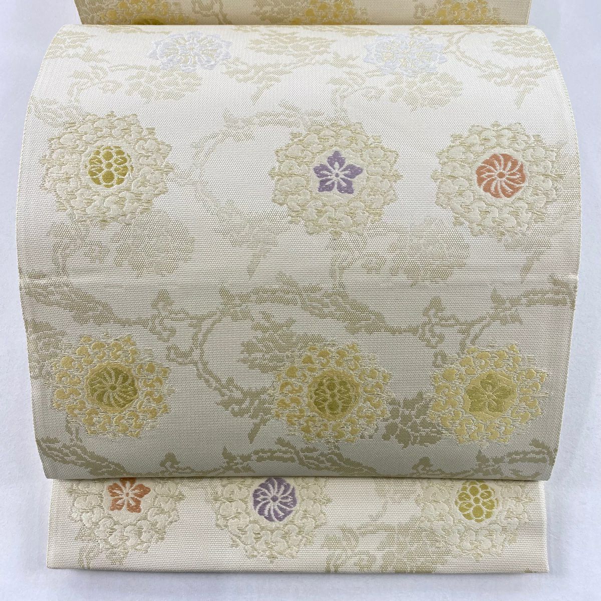 袋帯 美品 名品 華文 花唐草 金銀糸 クリーム 六通 正絹｜中古