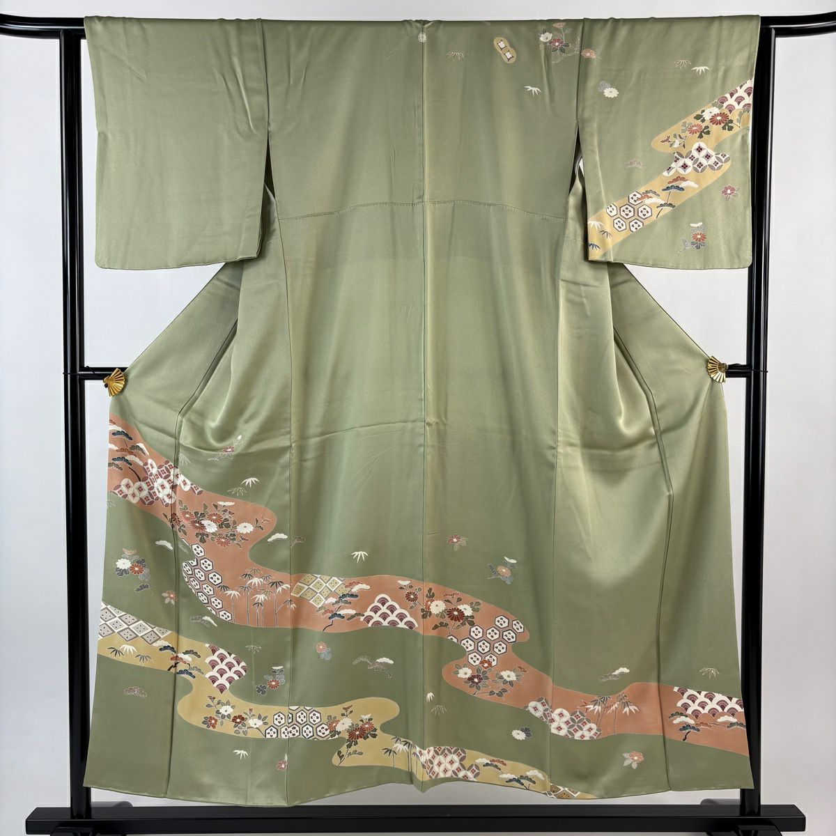 訪問着 身丈153cm 裄丈63cm S 袷 草花 霞 よもぎ色 正絹 秀品 一つ紋