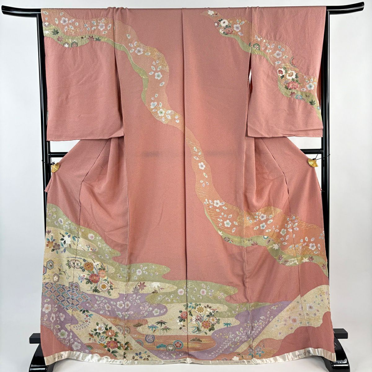 訪問着 身丈177.5cm 裄丈69.5cm 未仕立て 仮絵羽 御所車 菊 刺繍 金糸