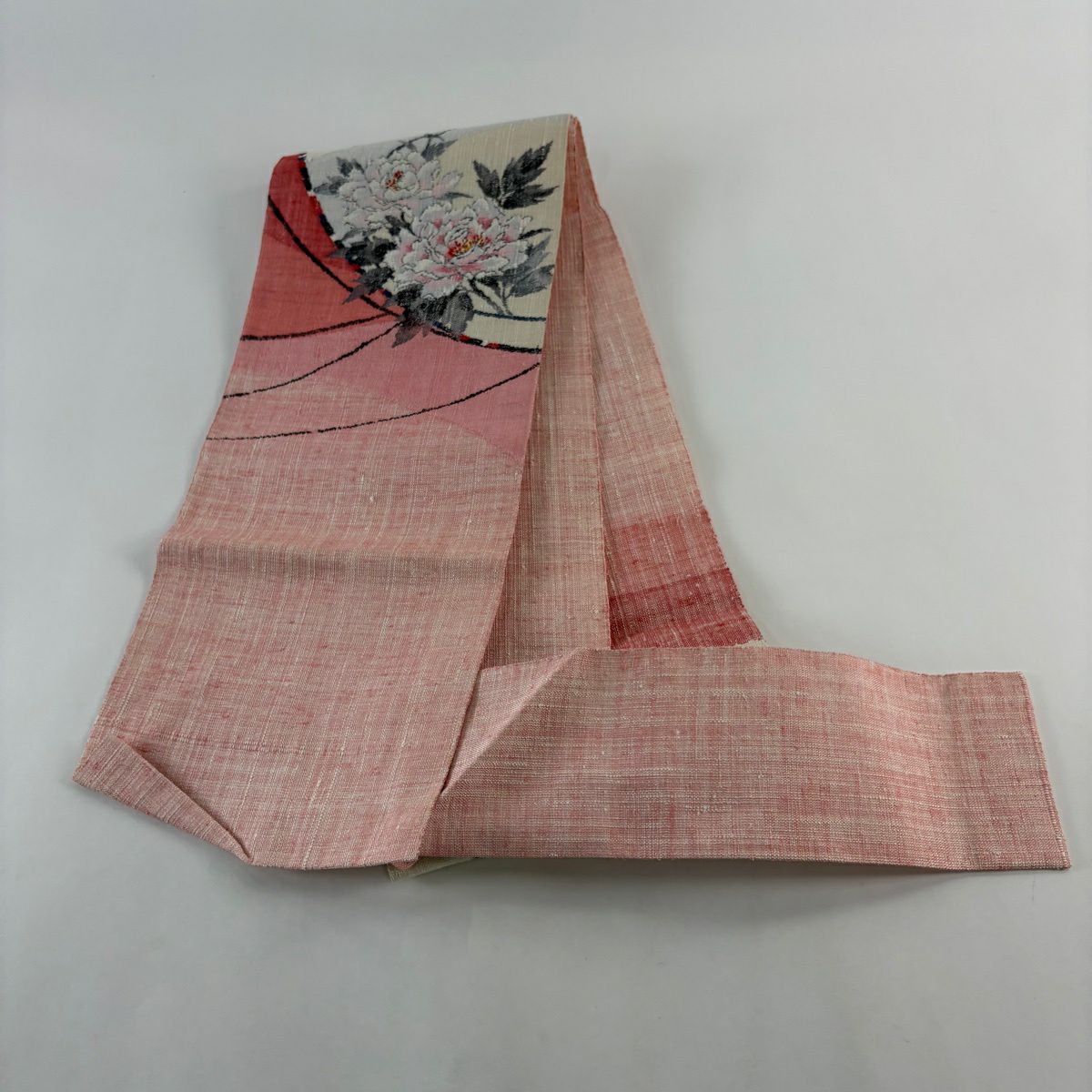 名古屋帯 名品 松葉仕立て 八寸名古屋帯 紬地 牡丹 ピンク 正絹｜中古