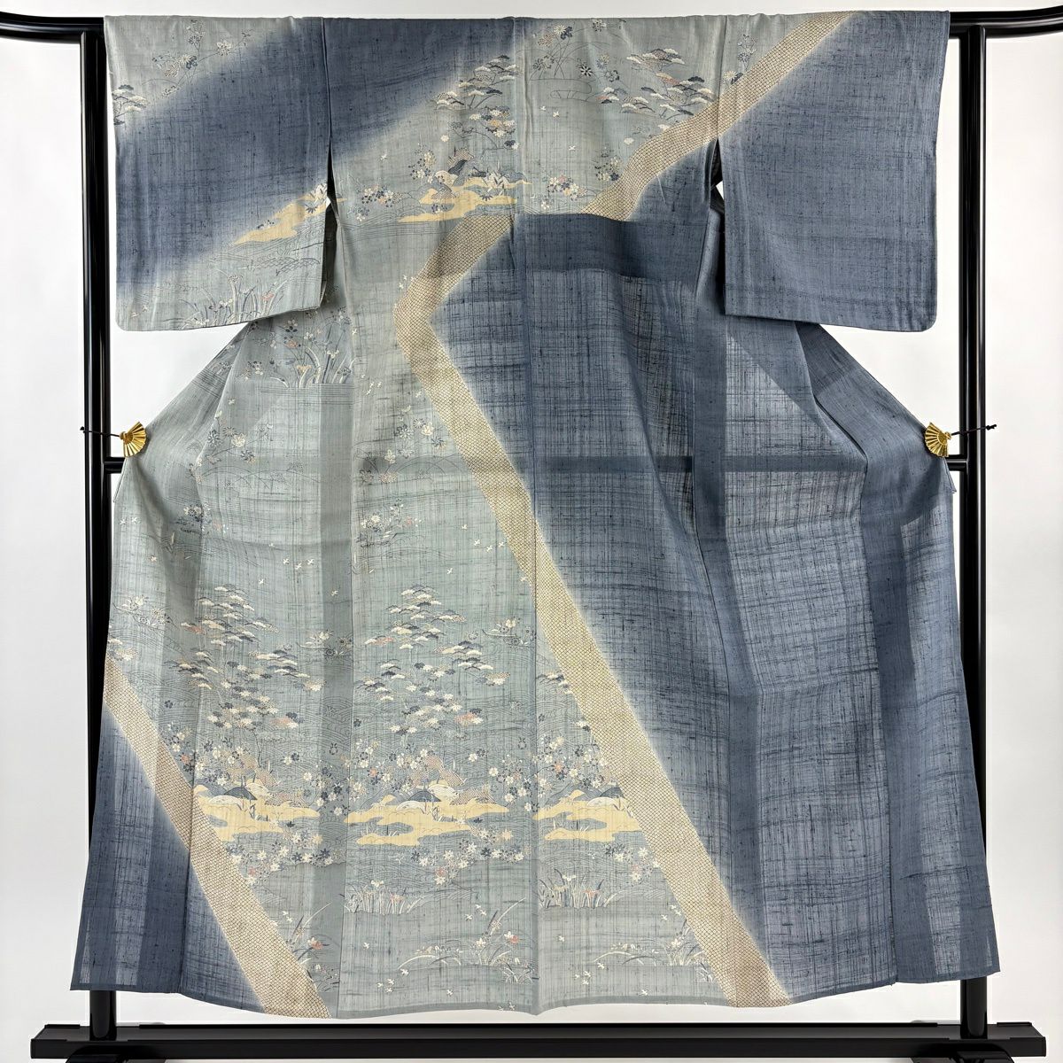 美品】 訪問着 身丈155cm 裄丈63cm S 単衣 紬地 波 松竹梅 染め分け 青