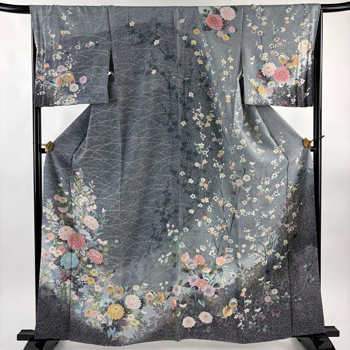 訪問着 身丈158.5cm 裄丈66cm M 袷 落款あり 枝花 ぼかし 薄茶色 正絹