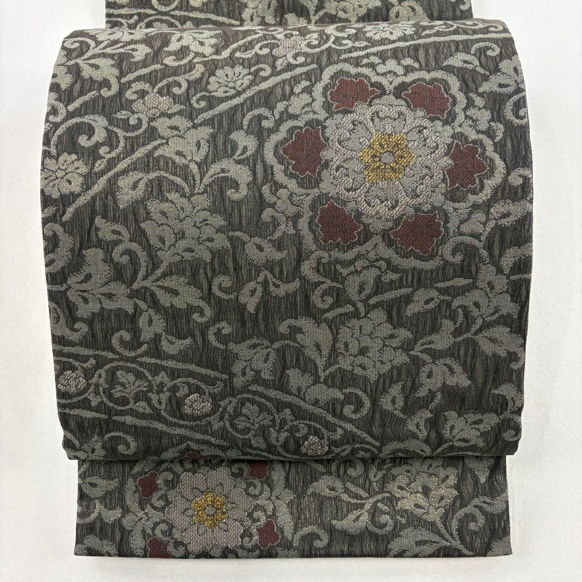 袋帯 秀品 夏帯 雪輪 草花 金糸 箔 灰色 六通 正絹 中古