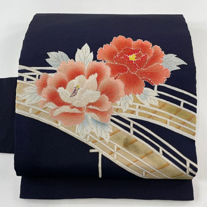 名古屋帯 秀品 牡丹 橋 金彩 縮緬 濃紺 正絹｜中古・古着
