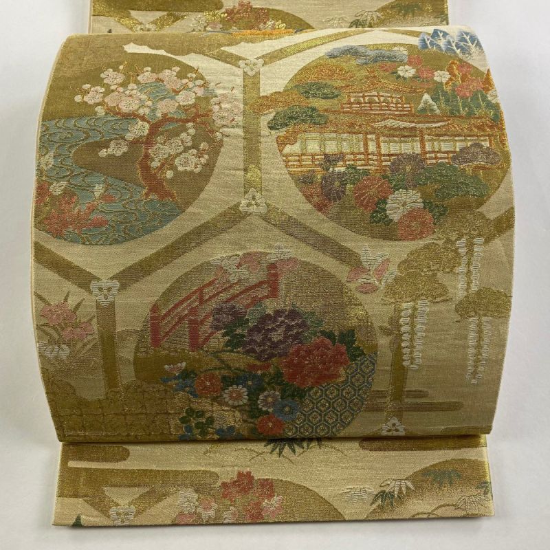 袋帯 丸紋に美しい花模様 鳥 蝶 ガード加工 金糸 小鹿色 KO-1224 袋帯 丸紋に美しい花模様 鳥 蝶 ガード加工 金糸 小鹿色 KO-1224