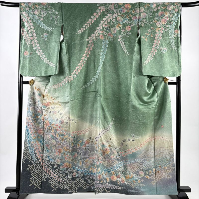 訪問着 身丈160cm 裄丈66cm M 袷 落款あり 辻が花 菱 銀通し 金彩 薄緑