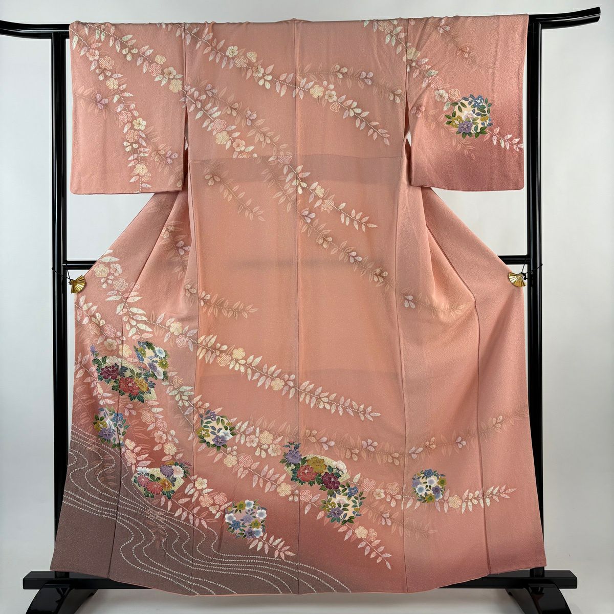 訪問着 身丈160cm 裄丈65.5cm M 袷 秋草 枝葉 金彩 ぼかし ピンク 正絹