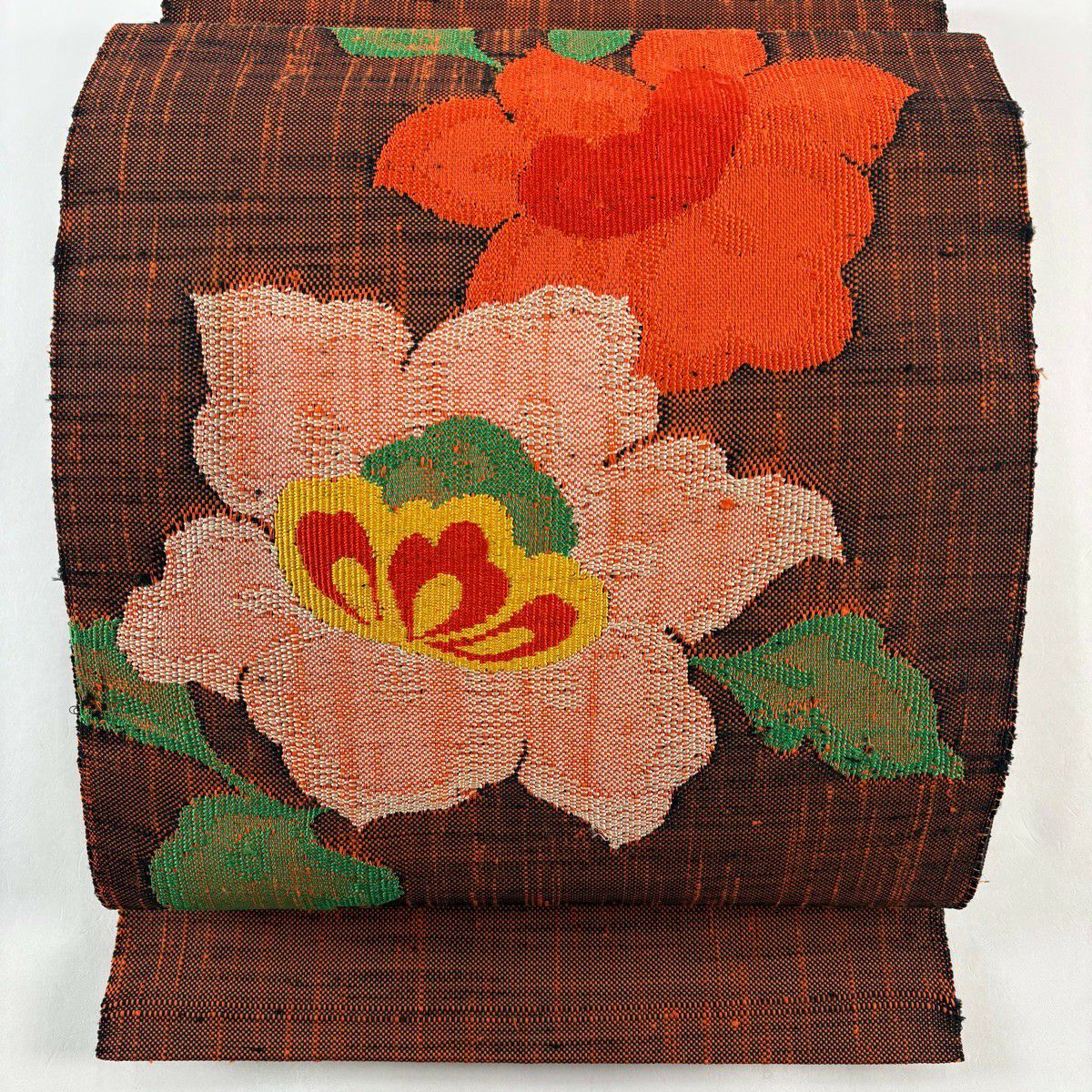 美品】 名古屋帯 秀品 八寸名古屋帯 松葉仕立て 幾何学 箔 赤茶 正絹