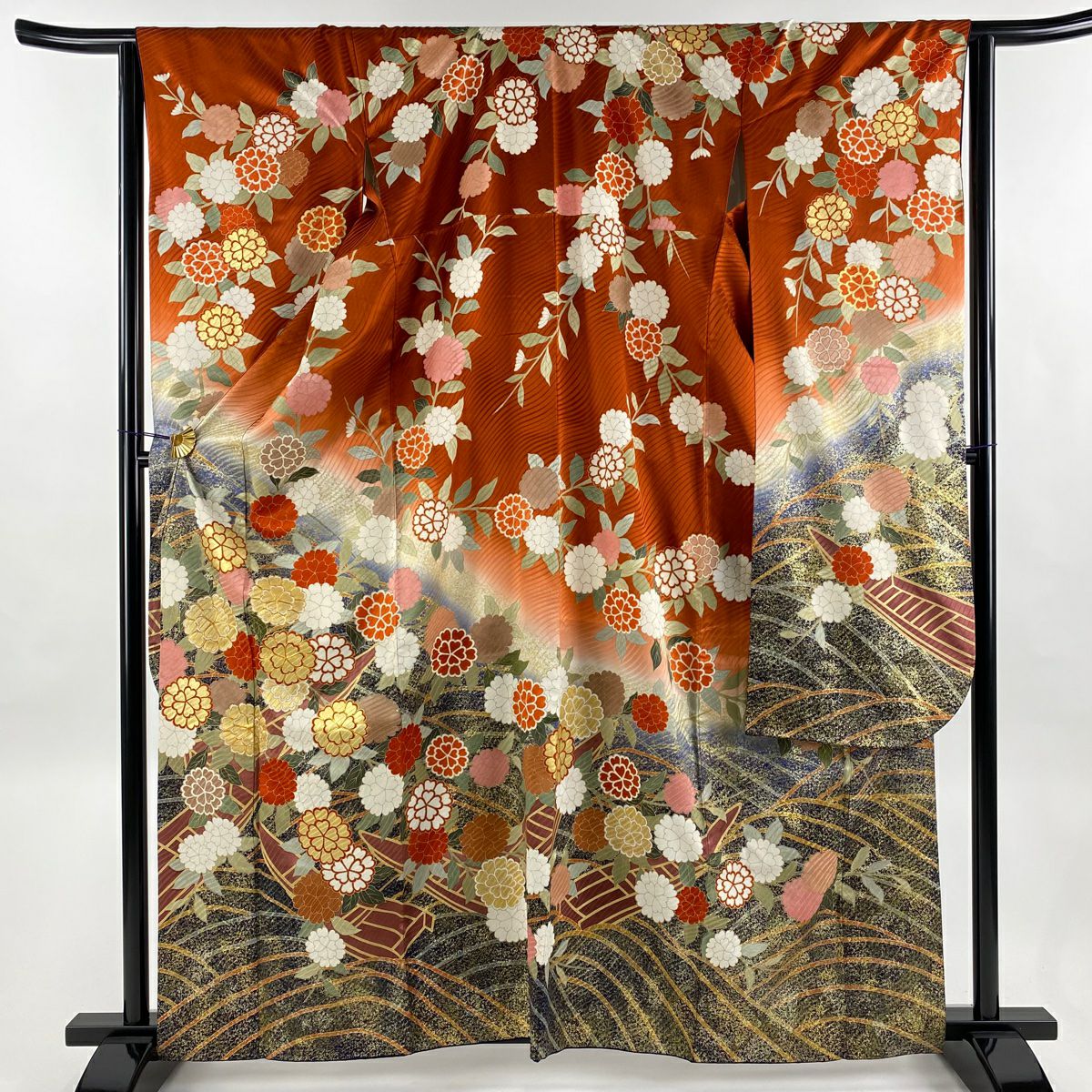 振袖 身丈156.5cm 裄丈64cm M 袷 草花 地紋 金彩 クリーム 正絹