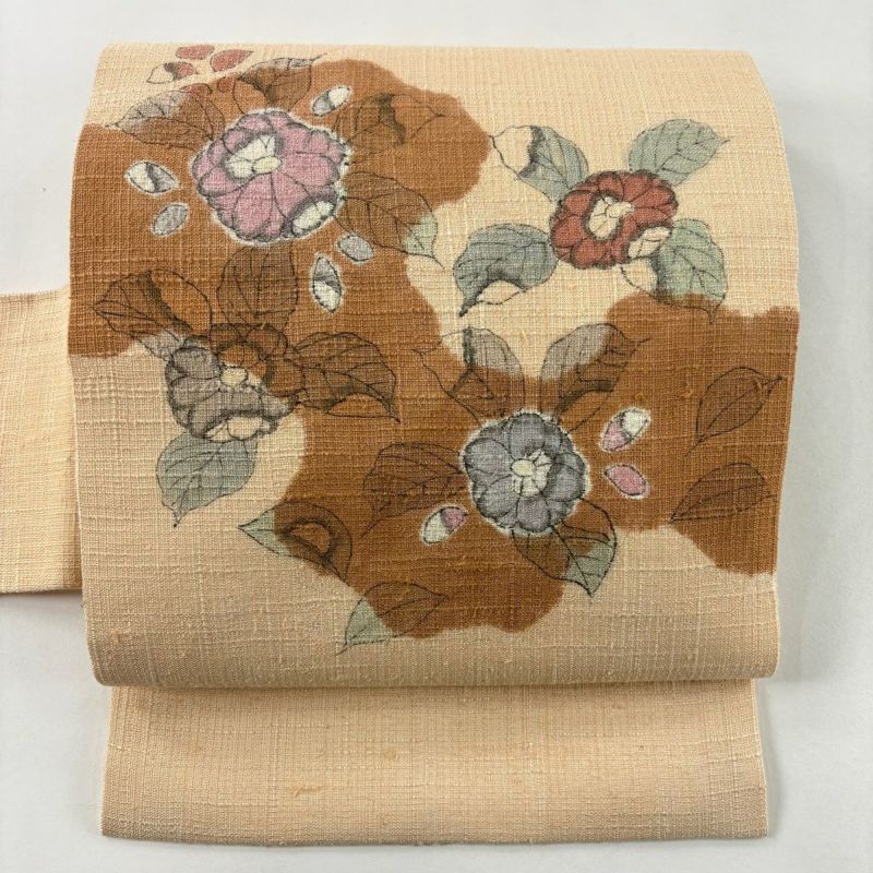 美品】 名古屋帯 秀品 紬地 辻が花柄 霞 薄オレンジ 正絹｜中古・古着