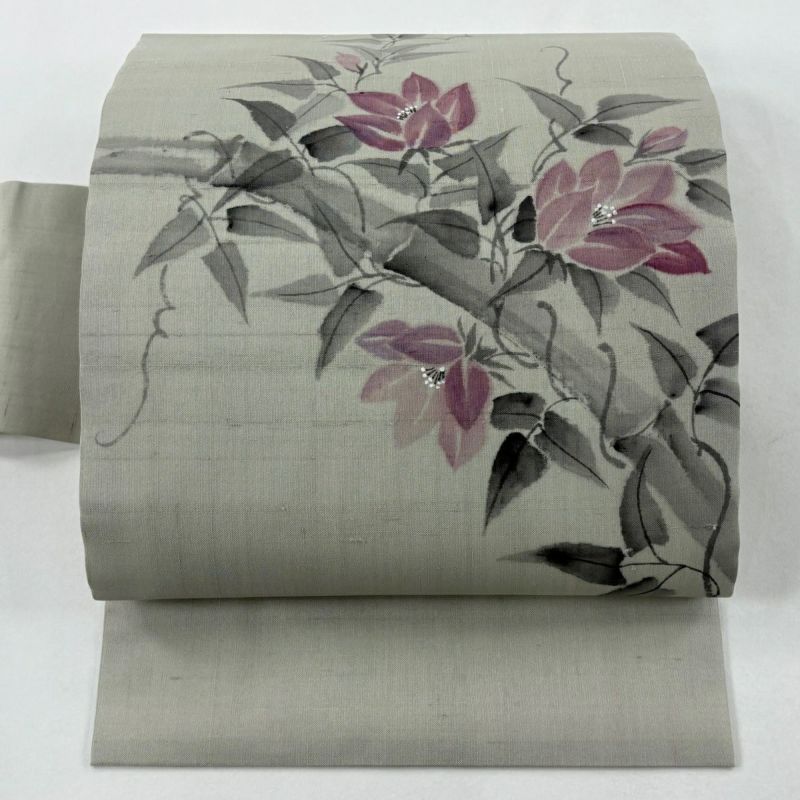 名古屋帯 秀品 落款あり 夏帯 夏紬地 草花 竹 ぼかし 灰緑 正絹｜中古