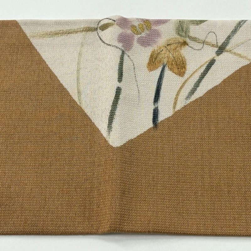 名古屋帯 秀品 関西仕立て 草花 蔦 金銀彩 薄茶色 正絹｜中古・古着